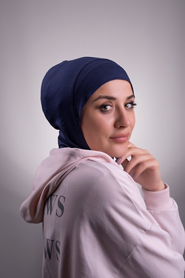 Navy Blue Practical Ready Interlocking Bonnet Viscose Fabric Hijab Sports 2106_02