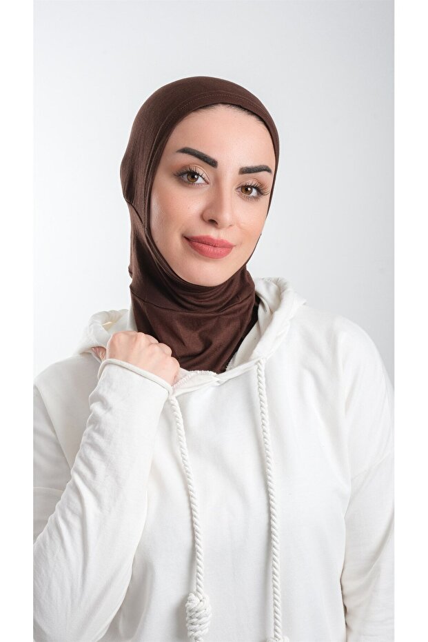 Brown Practical Ready-made Interlaced Hijab Bonnet Sandy Fabric Sports Hijab 2113_14