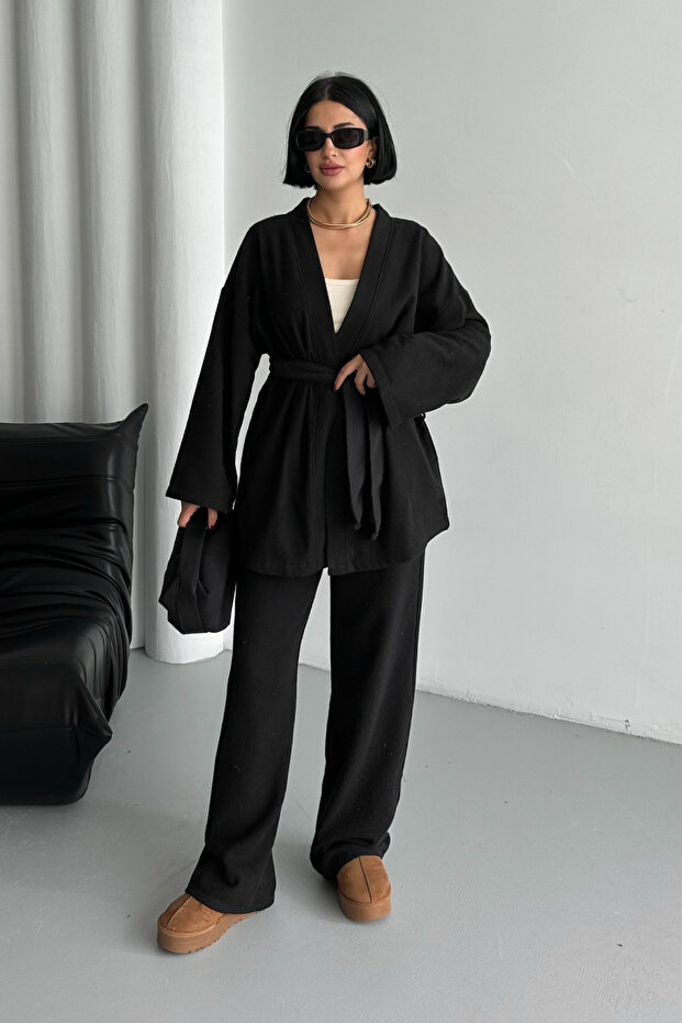 Black Stamp Kimono Set with Belt and Elastic Waist