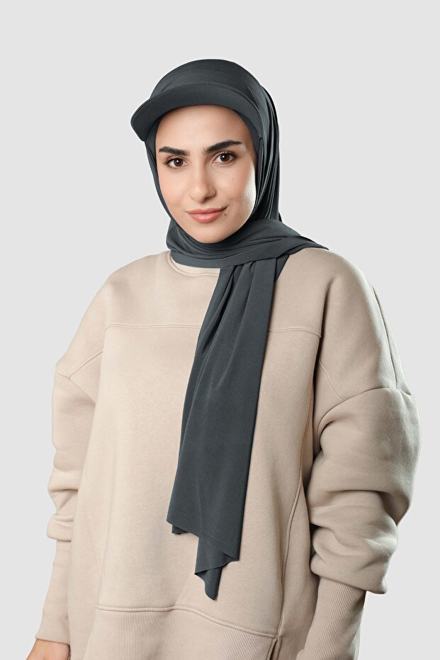 شال حجاب أنثراسايت عملي جاهز مع قبعة ساندي سادة 3008_25