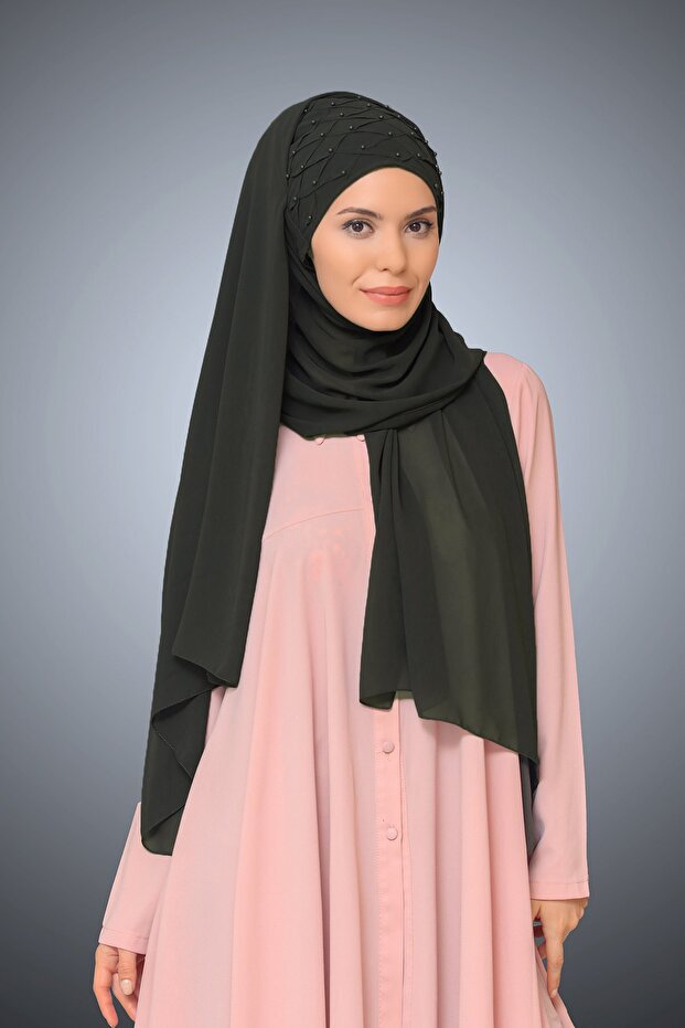 Khaki Back-Tie Shawl Chiffon with Pearls 1901_09