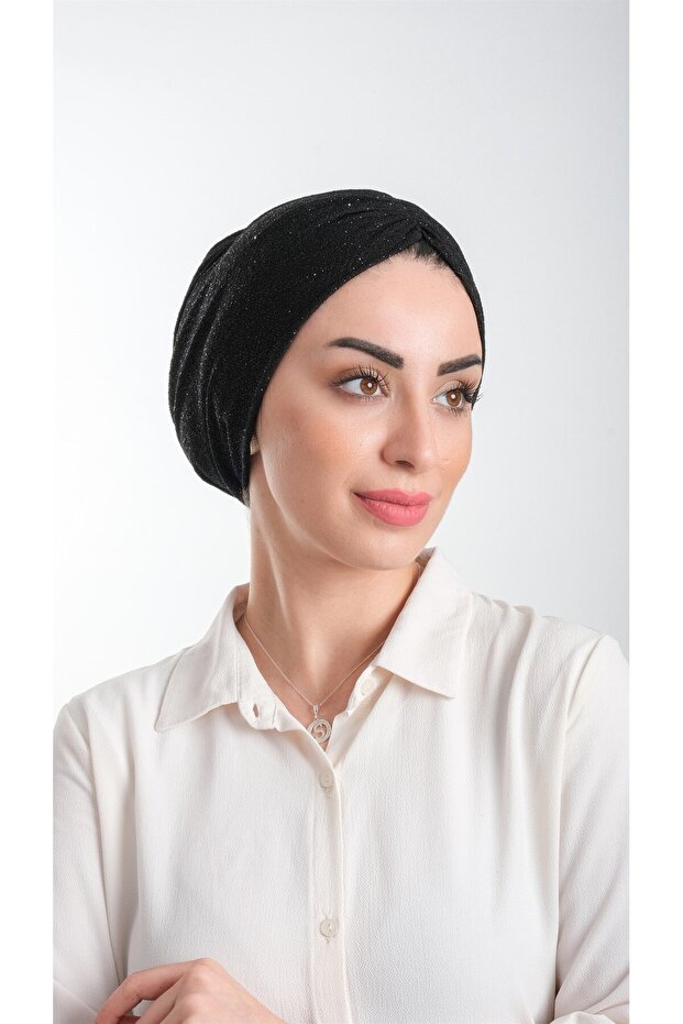 Black Practical Ready-made Interlaced Hijab Bonnet Fukuro Glittered Gathered 2116_01