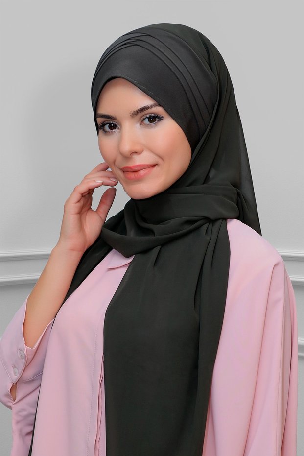 Khaki Back Tied Shawl Chiffon Cross Banded Draped 1911_09
