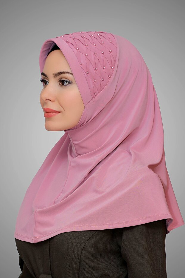 Dried Rose Practical Ready-To-Wear Hijab Scarf Sandy Fabric Embroidered with Pearls and Stones 1605_18