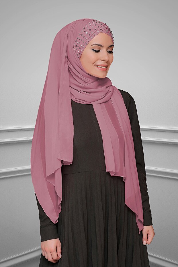 Gül Kurusu Pratik Hazır Geçmeli Bone Şal Şifon Kendinden Boneli Taşlı Elişi Işlemeli 1450_18 - 1