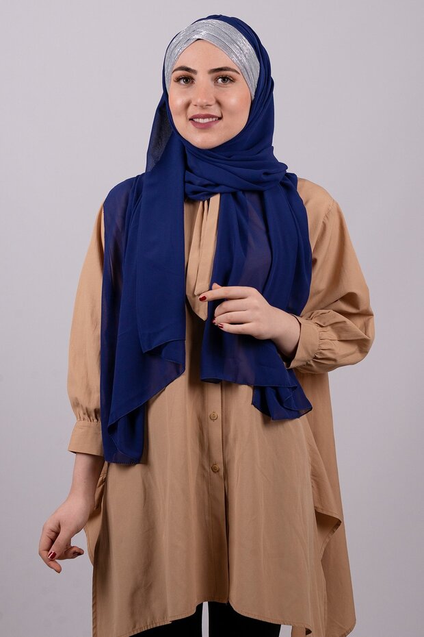 Cobalt Blue-silver Back Tied Shawl Chiffon Three-Stripes Glitter Pleated 1835_2401