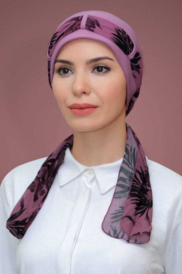 Dusty Rose Practical Ready-To-Wear Hijab Bonnet Sandy Fabric Patterned Chiffon with Belt 1205D_18