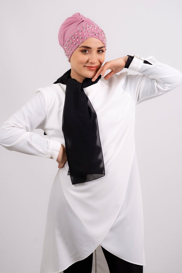 Dusty Rose Practical Ready-made Interlocking Hijab Bonnet Sandy Fabric with Stones 1456_18