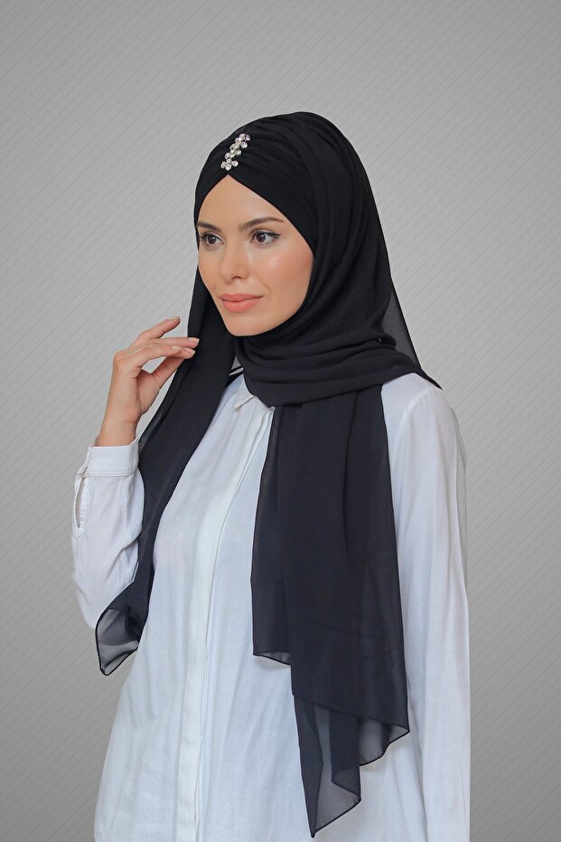 Black Back-Tie Shawl Chiffon Pleated Stone Embellished Handmade Embroidered 1840_01