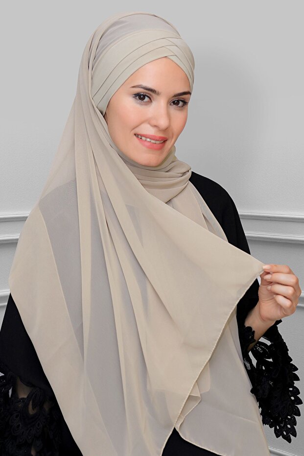 Beige Back Tie Shawl Chiffon Cross Three-Striped 1457_12
