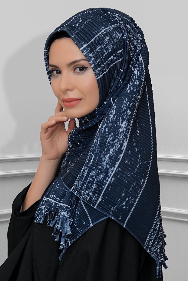 Navy Blue Practical Ready-made Interlocking Hijab Scarf Staple Fiber Pleated Striped Patterned 1818d2_02
