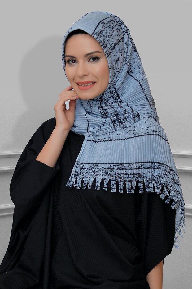 Gray Practical Ready-made Interlocking Hijab Scarf Staple Fiber Pleated Striped Patterned 1818d2_15