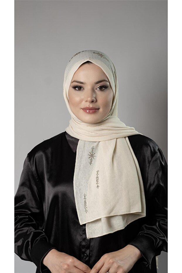 Cream Practical Ready-made Snap-on Hijab Shawl Knitted Fabric with Stone Star Pattern 2118Y_40