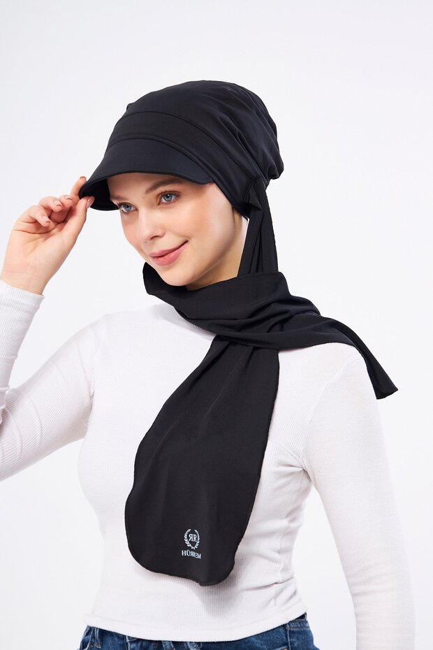 Black Hat Scarf Snap-on Hijab Bonnet with Swimmy Logo 2321_01