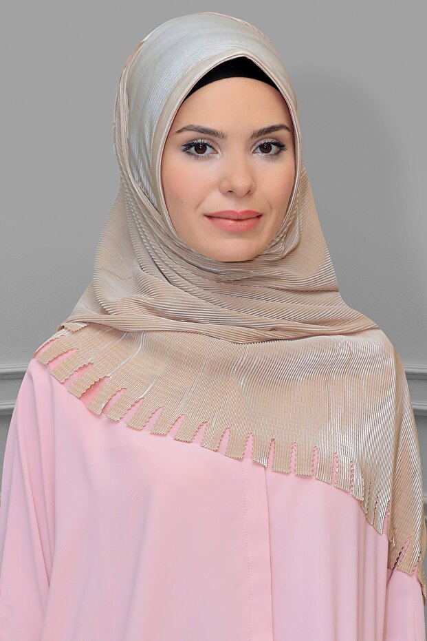 Beige Practical Ready-made Interlaced Hijab Scarf Fukuro Pleated Fringed Laser Cut 1828_12