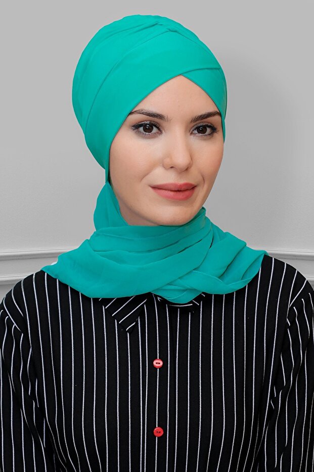 Mint Y. Practical Ready-To-Wear Hijab Bonnet Sandy Fabric Cross Drawstring Chiffon Scarf 1801A_13