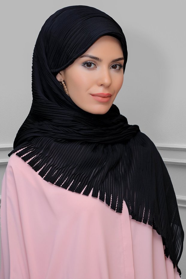 Black Back Tie Hijab Scarf Cut Fiber Pleated Fringed Laser Cut 1919_01