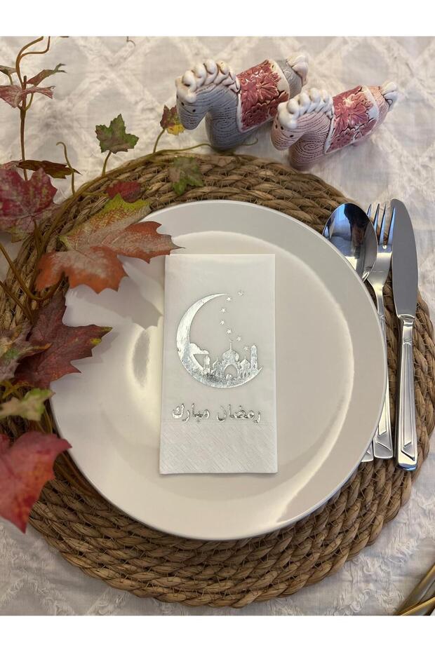 Silver Gilded White Moon Patterned Arabic Ramadan Mubarek Waiter Folding Napkin Set of 16