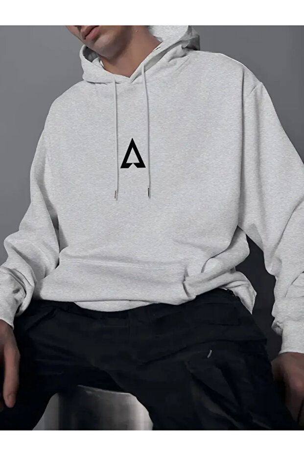 Gray - Triangle Printed Hooded Zipper Oversized Sweatshirt