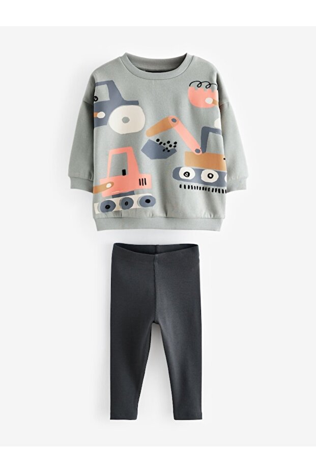 Cotton Gray Work Machines Patterned Long Sleeve Bottom Top Set - 4