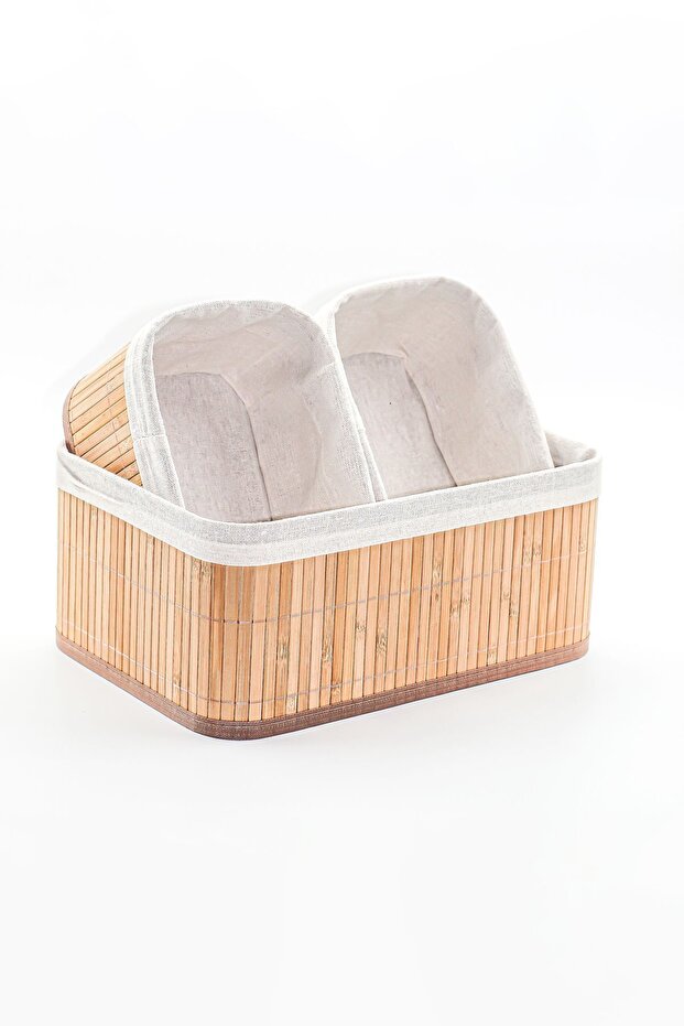 3-Piece Bamboo Basket Natural Lined Multi-Purpose Storage Box - Bathroom Cosmetics Kitchen Closet Organizer