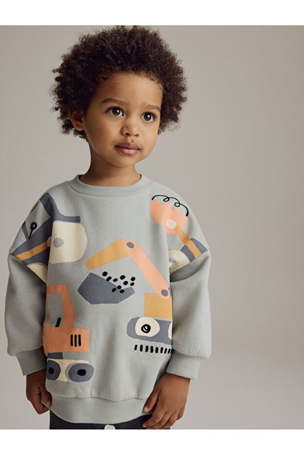 Cotton Gray Work Machines Patterned Long Sleeve Bottom Top Set - 3