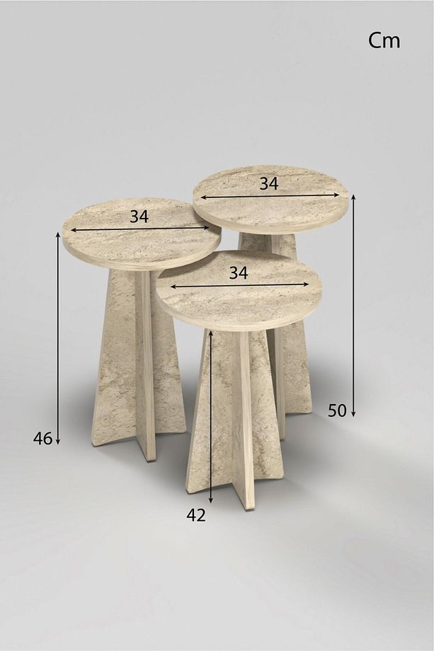 3'lü Zigon Sehpa Bohem Stil Traverten Desenli Mantar Model 34 Çap Yuvarlak - İskandinav - 2