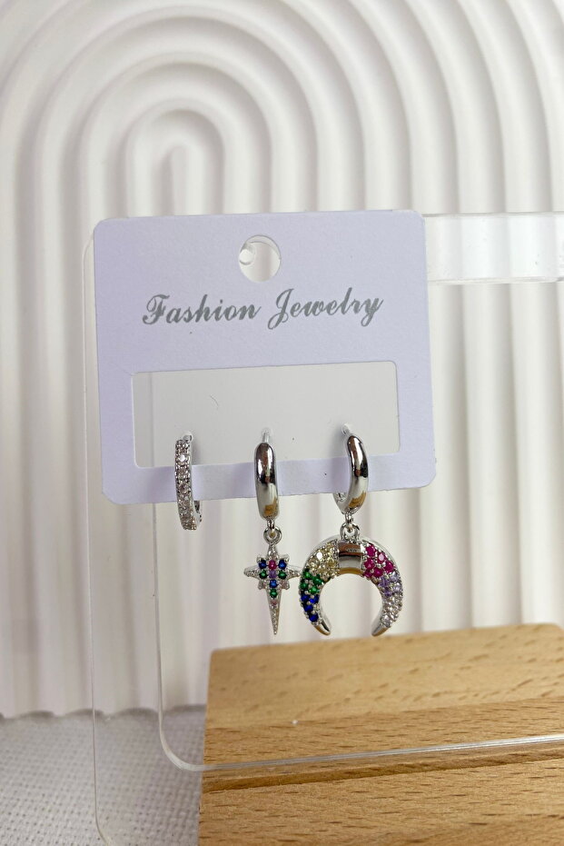Women's Special Design 3-Piece Colorful Stone Crescent Pole Star Earrings
