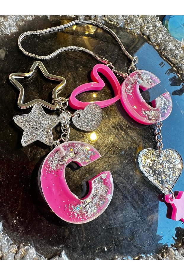 Letter C Pink Floor over Silver Glitter Decorated Epoxy Keychain and Rearview Mirror Ornament Set Gift