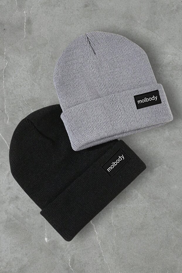 %100 Akrilik 2’li Premium Basic Bere Gri Siyah - 1