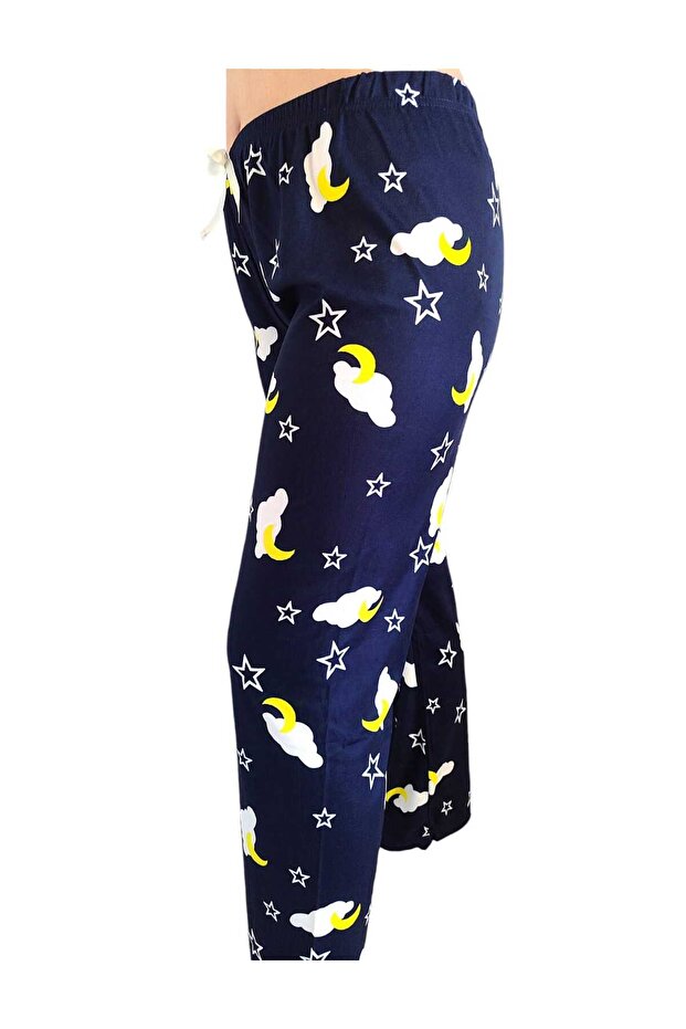 Lacivert Gece Desenli  Yıldız Ve Bulut Desenli Yumuşak Dokulu  Tek Pijama Alt - 5