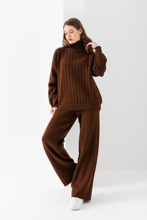 Women's Ribbed Knitwear Set, Turtleneck Bottom Top Knitwear Set, Knitwear Sweater Pants Two-Piece Set, Set
