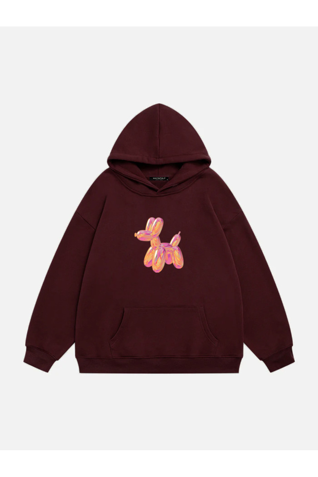 Women's Baloon Dog Printed Hooded Fleece Oversize Sweatshirt