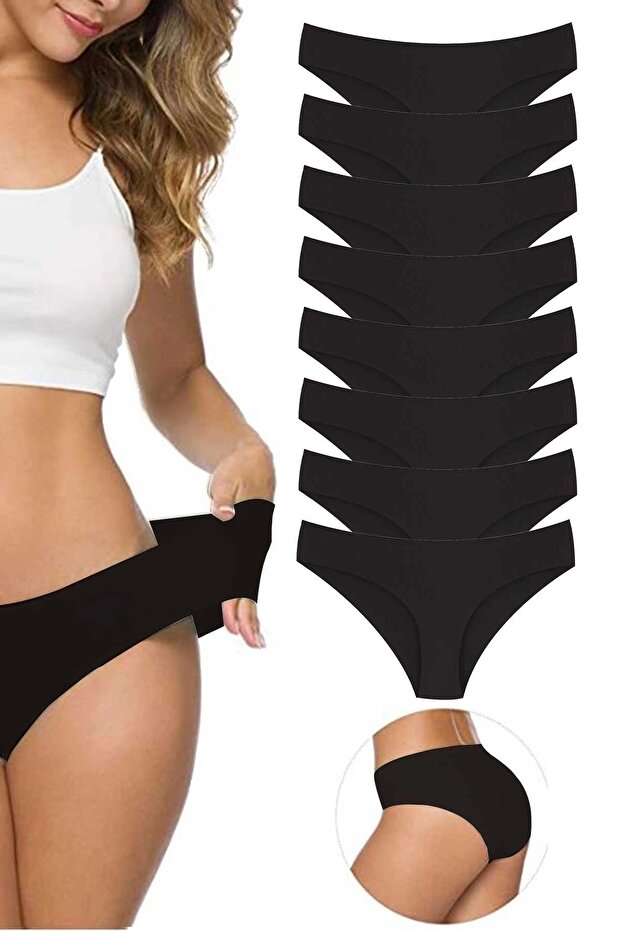 8 Pieces Women's Seamless Laser Cut Flexible Non-marking Panties Black