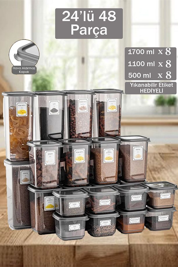 24'lü 48 Parça Big Mega Kare Erzak ve Bakliyat Saklama Kabı Seti 8x(0,50 LT-1,10 LT-1,70 LT)Etiketli - 1