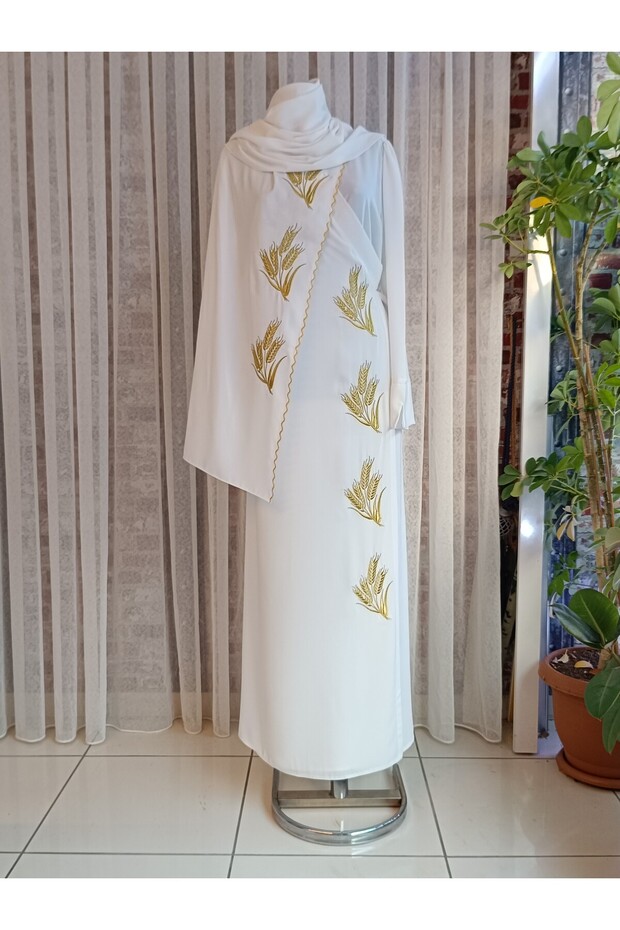 Medina Silk Glitter Embroidered Laced Prayer Dress + Shawl, Dowry Prayer Dress & Dressing Gown Set