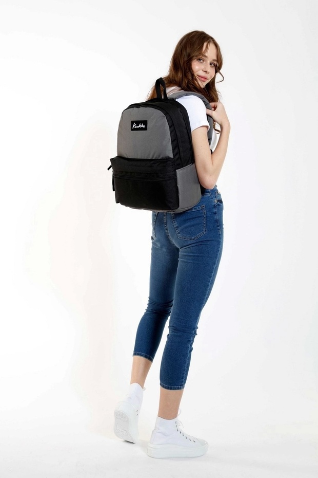 حقيبة ظهر أساسية مزدوجة اللون - رمادي وأسود - 1