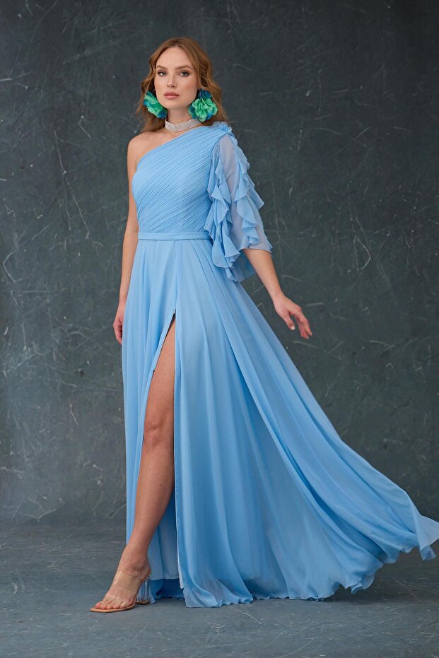 Mavi Tek Kol Yırtmaçlı Şifon Abiye Elbise - 4