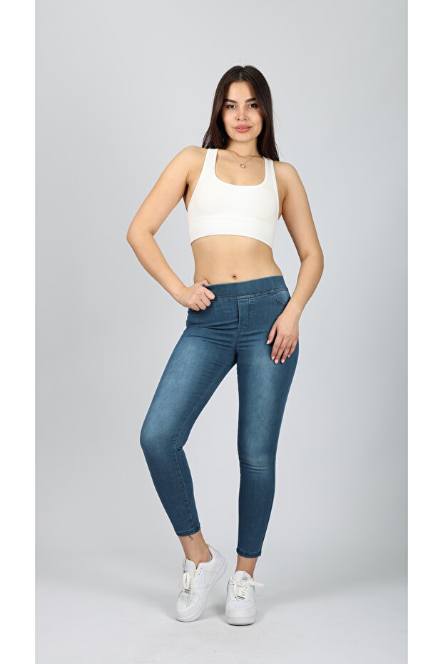 Kadın Mavi Beli Lastikli Tayt Kot Pantolon - 7