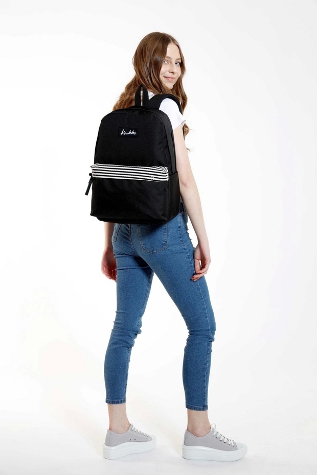 Black Striped Basic Color Backpack - 1