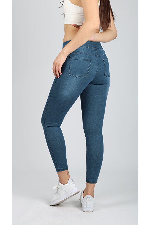 Kadın Mavi Beli Lastikli Tayt Kot Pantolon - 4