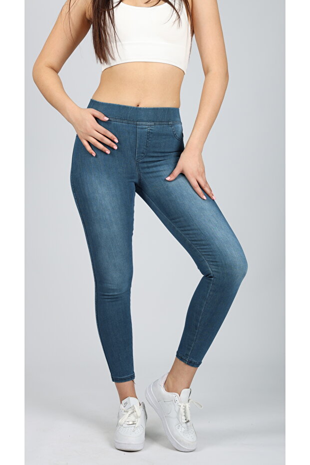 Kadın Mavi Beli Lastikli Tayt Kot Pantolon - 2