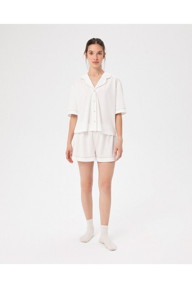 Ekru Kadın Lastikli Viskoz Biyeli Pijama Şort - 5
