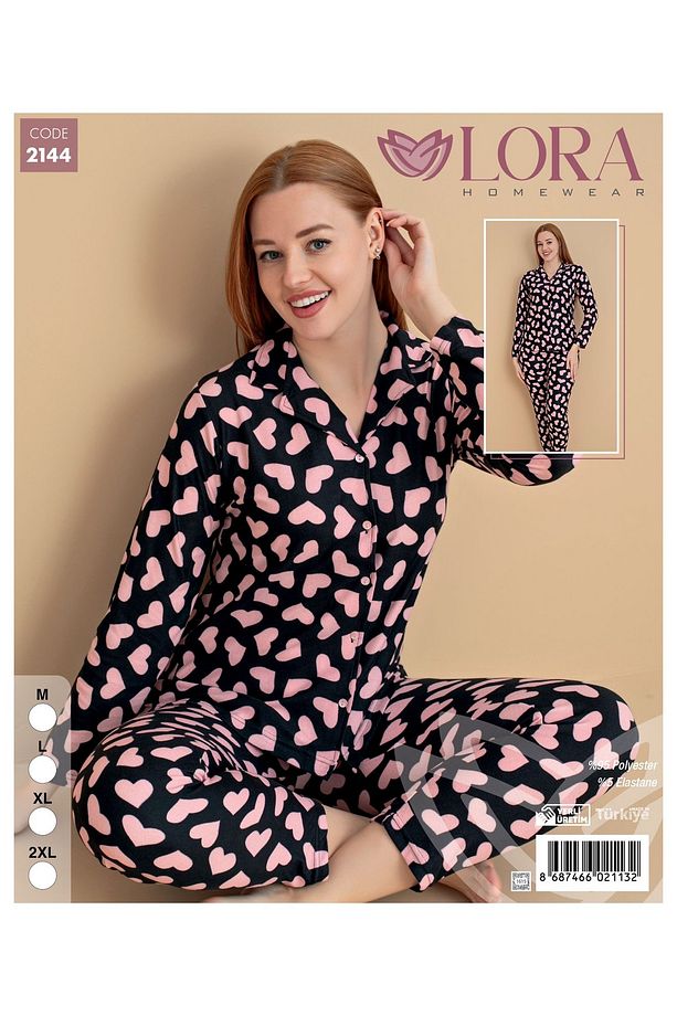 Kadın Uzun Kollu Kalpli Süet Pijama Takımı - 1