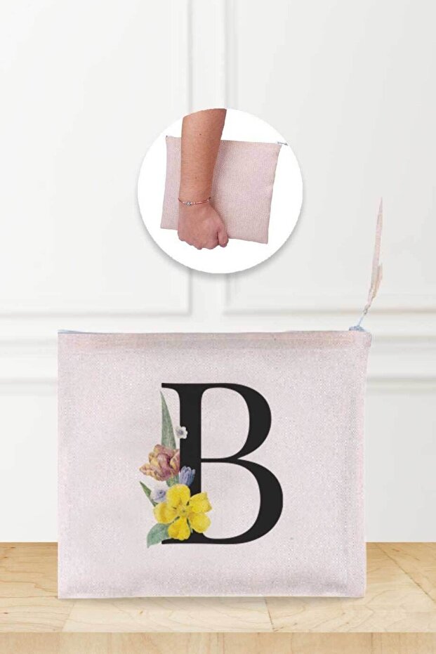 حقيبة مكياج من الكتان منقوشة بحرف B - 1