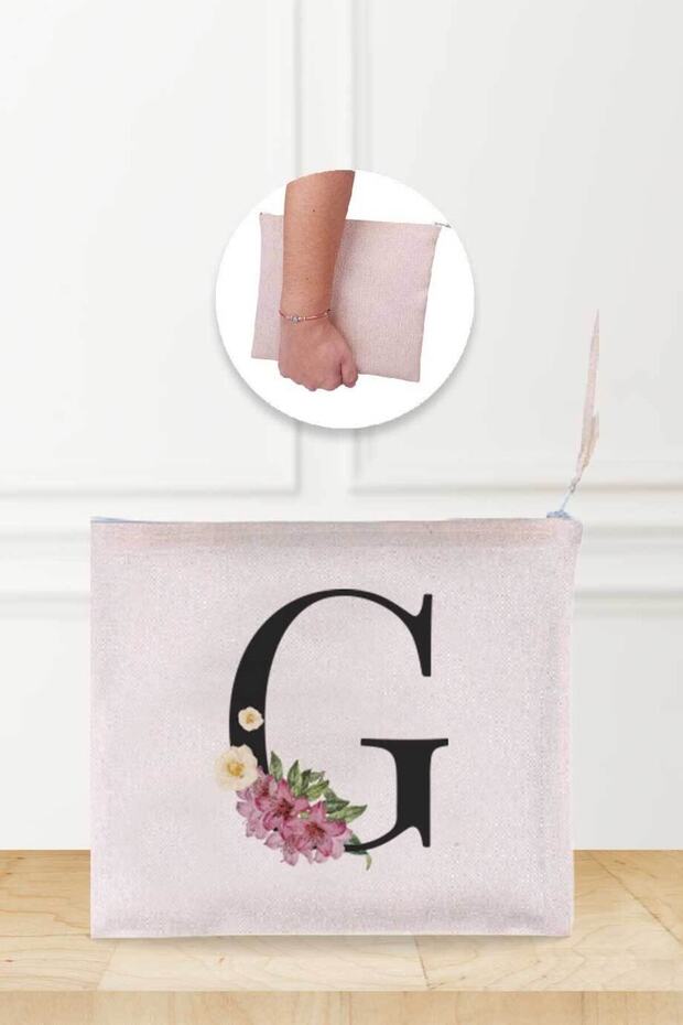 حقيبة مكياج من الكتان منقوشة بحرف G - 1