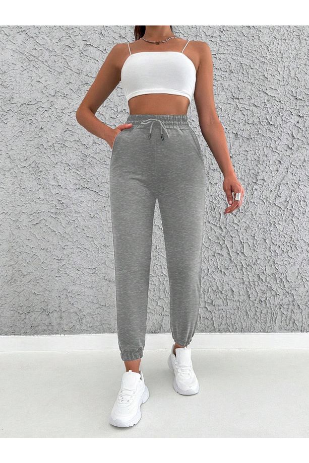 Gri Kadın Oversize Jogger Yüksek Bel Eşofman Altı 2 İplik Örme Kumaş - 5