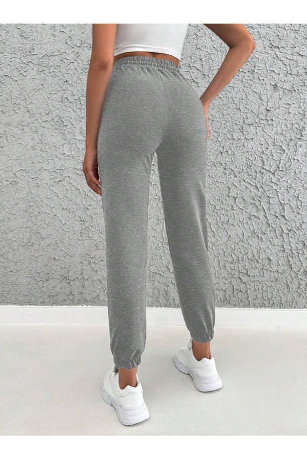 Gri Kadın Oversize Jogger Yüksek Bel Eşofman Altı 2 İplik Örme Kumaş - 3