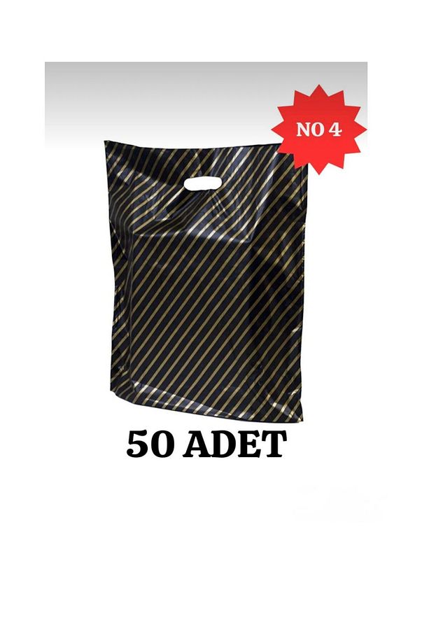 Mağaza Poşeti Çizgili Siyah Poşet (NO 4) 50'li Diagonal Takviyeli Poşet - 1