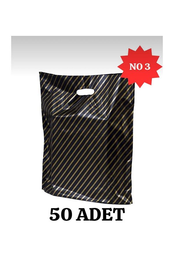 Mağaza Poşeti Çizgili Siyah Poşet (NO 3) 50'li Diagonal Takviyeli Poşet - 1